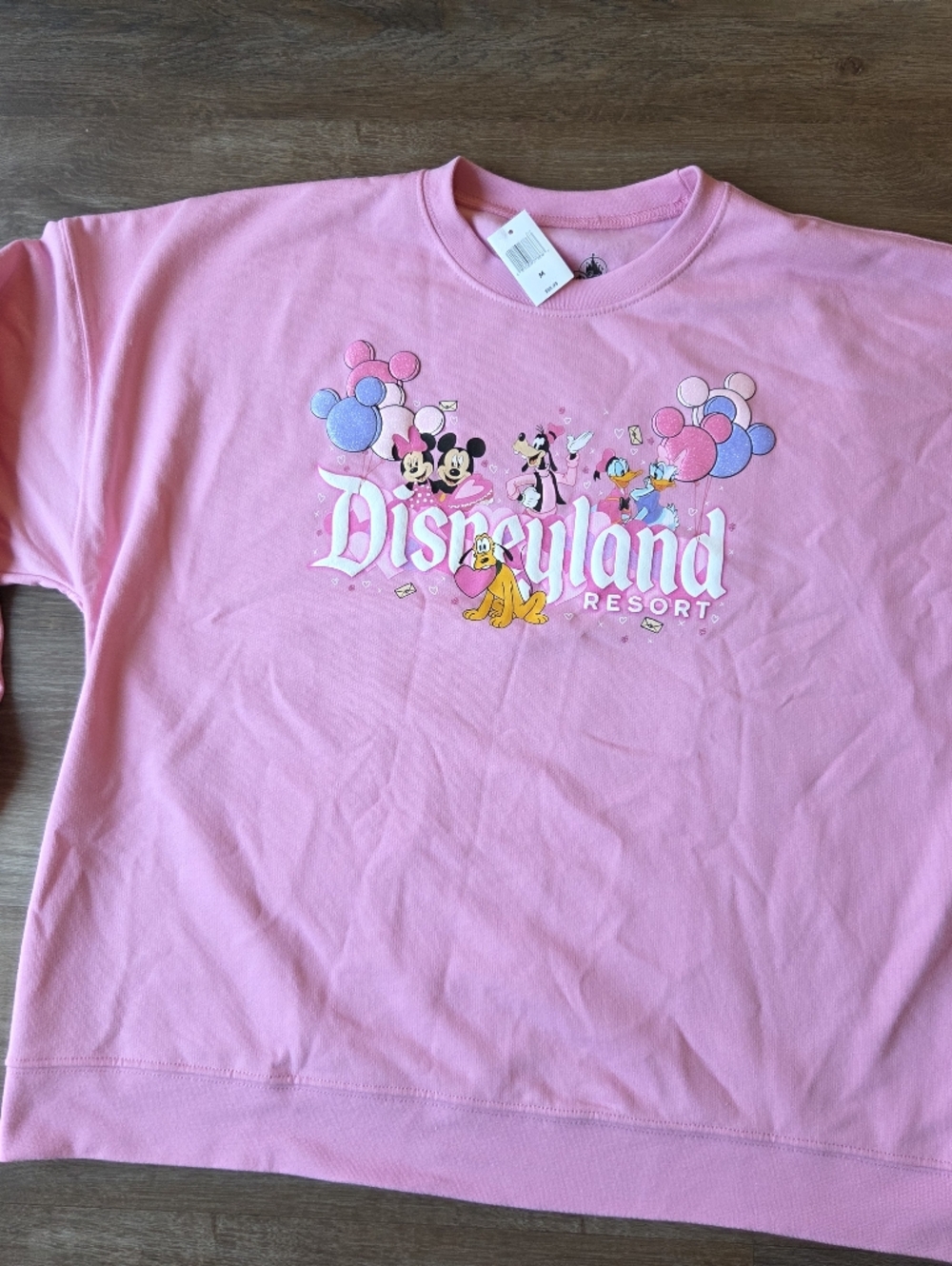 NWT Disneyland Resort Pink Balloon Mickey and Friends Crewneck Sweatshirt Size M